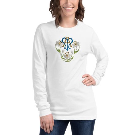 Unisex Long Sleeve Tee, Auspice Maria, Crest with flowers, qfko6t