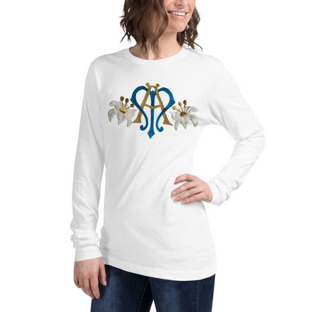 Unisex Long Sleeve Tee, Auspice Maria, Crest with side flowers, hlduri