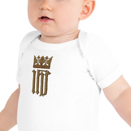 Embroidered Baby Short Sleeve One Piece, IHS with Crown, Golden Pattern, nlxdo1 
