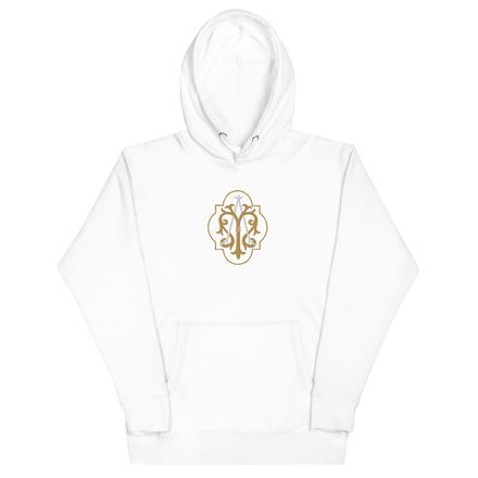Embroidered Unisex Premium Hoodie, Auspice Maria, Crest with outer edge, kdegvj