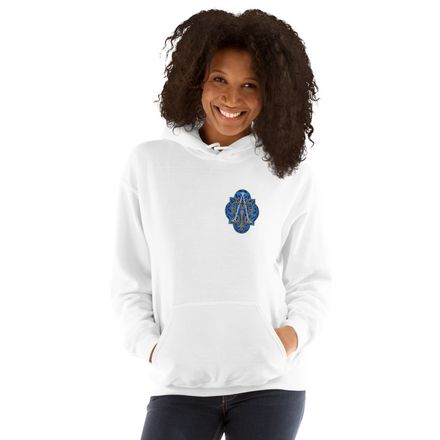Embroidered Unisex Heavy Blend Hoodie, Auspice Maria, Crest with rounded Cross, u3bkt0, left chest