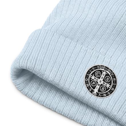Ribbed Knit Beanie, St. Benedict Medal, qiretu design
