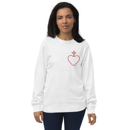 Embroidered Unisex Organic Sweatshirt, Sacred Heart of Jesus, 7ugqf9 hollow design, left chest