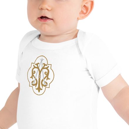 Embroidered Baby Short Sleeve One Piece, Auspice Maria, Crest with outer edge, kdegvj