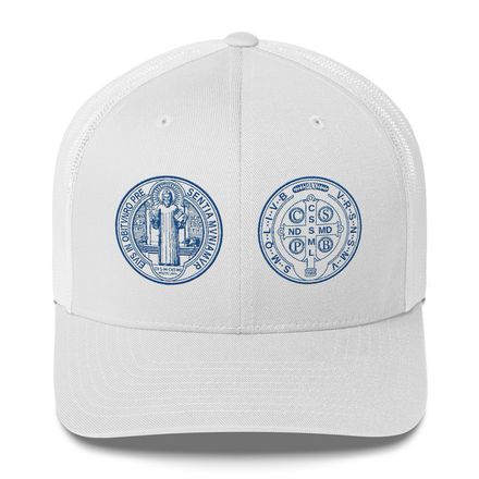 Retro Trucker Hat, St. Benedict Medal, filt5a design, blue