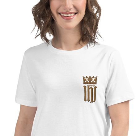 Embroidered Women&#x27;s Relaxed T-Shirt, IHS with Crown, Golden Pattern, nlxdo1, left chest