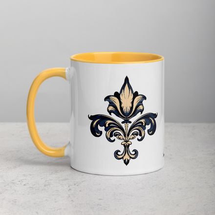 White Ceramic Mug with Color Inside, 11oz &amp; 15oz, Fleur de Lys, clffhc 