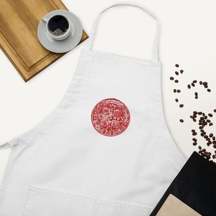 Embroidered Apron, St. Benedict Medal, 4ouume design, red