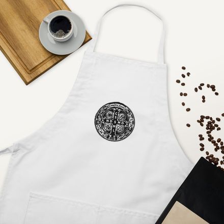 Embroidered Apron, St. Benedict Medal, 4ouume design, black