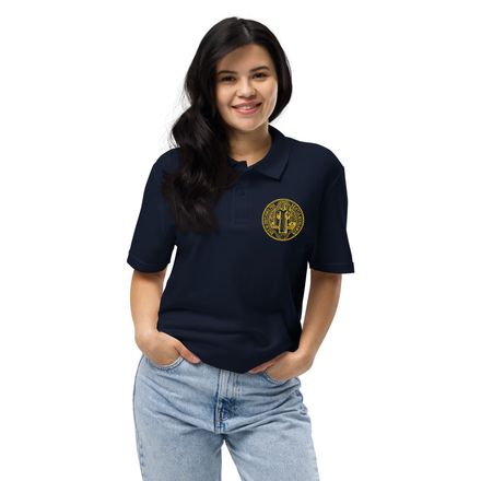 Unisex Pique Polo Shirt, St. Benedict Medal, debxwe design, gold