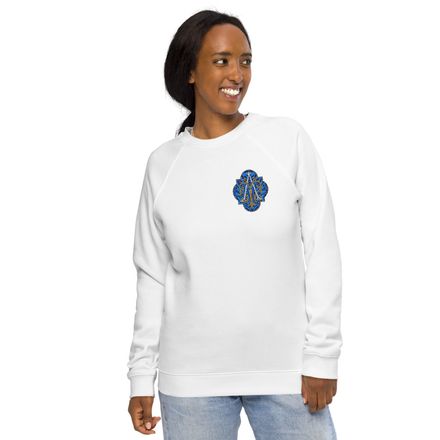 Embroidered Unisex Organic Raglan Sweatshirt, Auspice Maria, Crest with rounded Cross, u3bkt0, left 