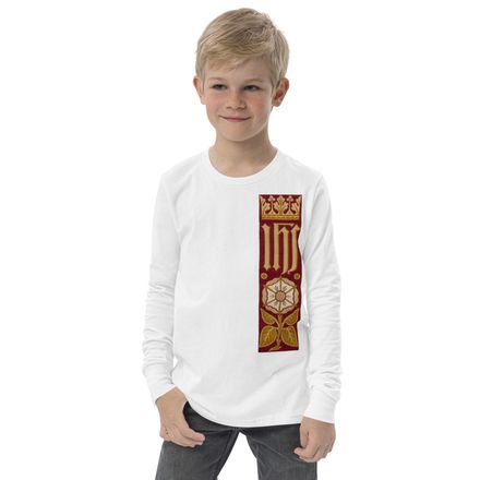 Youth Long Sleeve Tee, IHS Stripe With Crown and Monstrance, Red, yok2qk, left chest