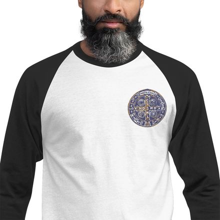Embroidered Unisex 3/4 Sleeve Raglan Shirt, St. Benedict Medal, 4ouume design, left chest