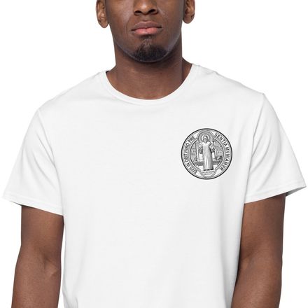 Embroidered Men&#x27;s Premium Cotton T-Shirt, St. Benedict Medal, debxwe design, left chest
