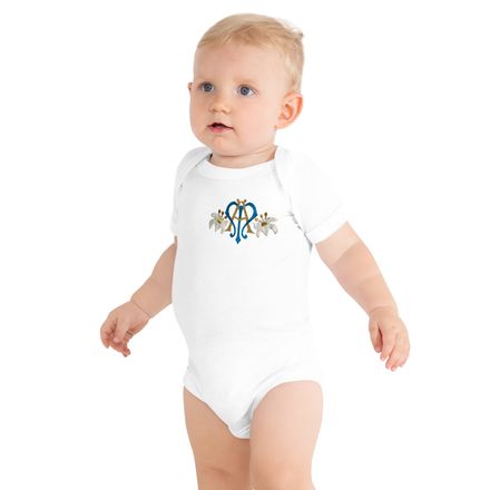 Baby Short Sleeve One Piece, Auspice Maria, Crest with side flowers, hlduri, left chest