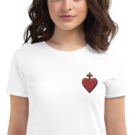 Embroidered Women&#x27;s Fashion Fit T-Shirt, Sacred Heart of Jesus, 9i93k9, left chest