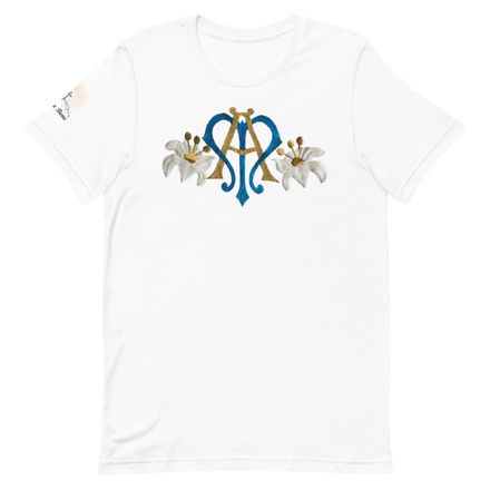 Unisex Staple T-Shirt, Auspice Maria, Crest with side flowers, hlduri