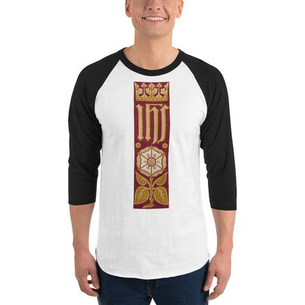 Unisex 3/4 Sleeve Raglan Shirt, IHS Stripe With Crown and Monstrance, Red, yok2qk