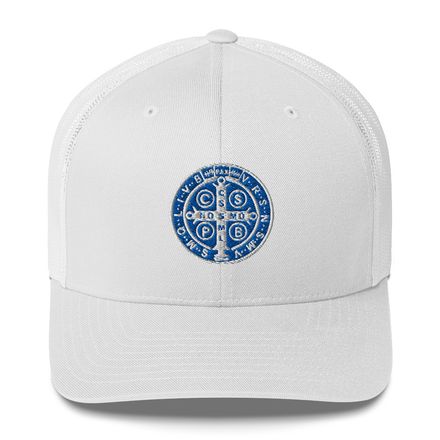 Retro Trucker Hat, St. Benedict Medal, qiretu design, blue