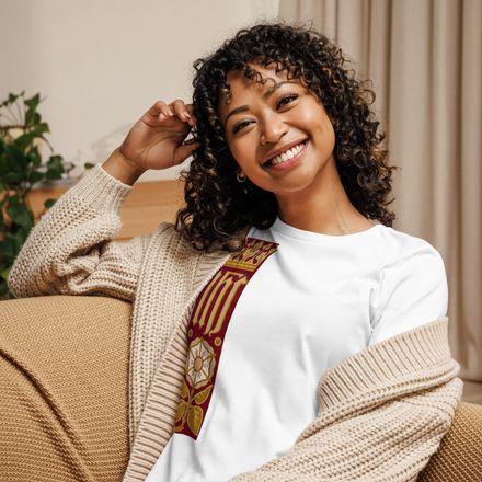 Women&#x27;s Relaxed T-Shirt, IHS Stripe With Crown and Monstrance, Red, yok2qk, right chest