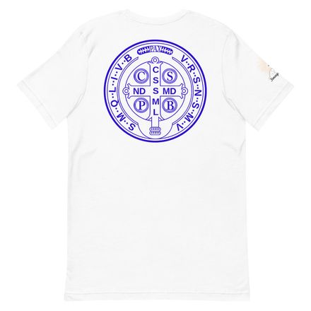 Unisex Staple T-Shirt, St. Benedict Medal, filt5a design, blue, large back print