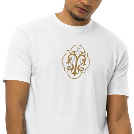 Embroidered Men&#x27;s Premium Heavyweight Tee, Auspice Maria, Crest with outer edge, kdegvj