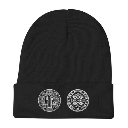 Knit Beanie, St. Benedict Medal, filt5a design, white