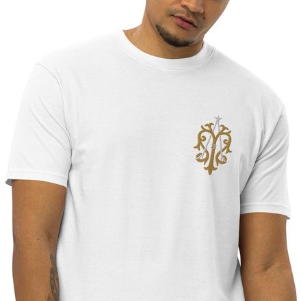 Embroidered Men&#x27;s Premium Heavyweight Tee, Auspice Maria, Crest, kgvlsx, left chest