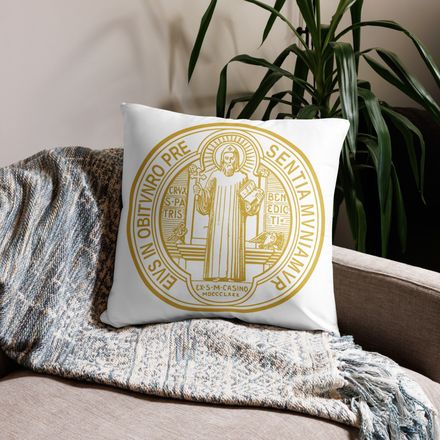 Pillow case 22x22, St. Benedict Medal, filt5a design, gold