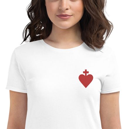 Embroidered Women&#x27;s Fashion Fit T-Shirt, Sacred Heart of Jesus, yjegla, left chest