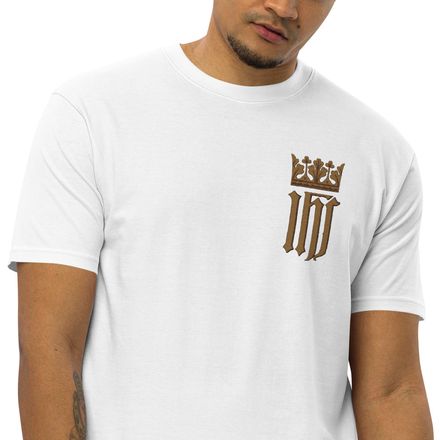 Embroidered Men&#x27;s Premium Heavyweight Tee, IHS with Crown, Golden Pattern, nlxdo1, left chest