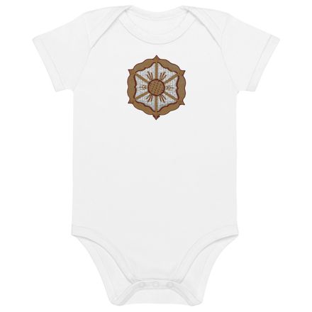 Embroidered Organic Cotton Baby Bodysuit, Monstrance with Golden Pattern, eneyoj