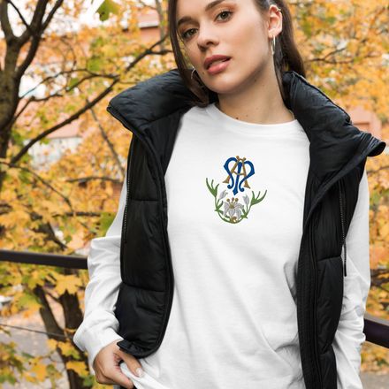 Embroidered Unisex Long Sleeve Tee, Auspice Maria, Crest with bottom flowers, ber1mq
