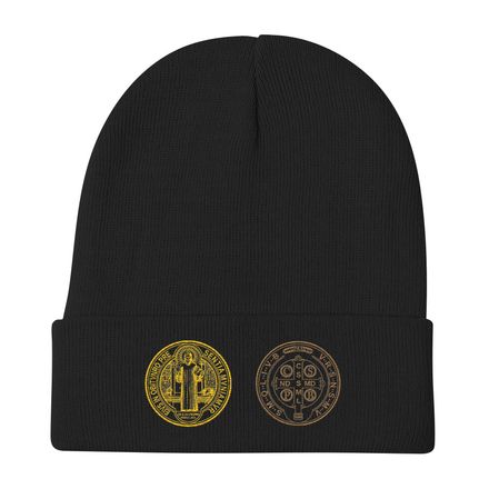 Knit Beanie, St. Benedict Medal, filt5a design, gold