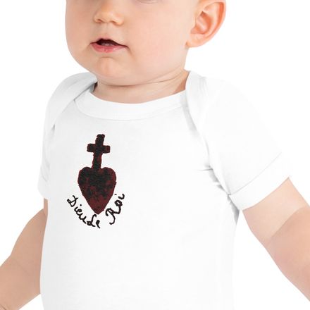 Embroidered Baby Short Sleeve One Piece , Sacré Coeur, Dieu de Roi, Vendée Chouan, obymh4 design