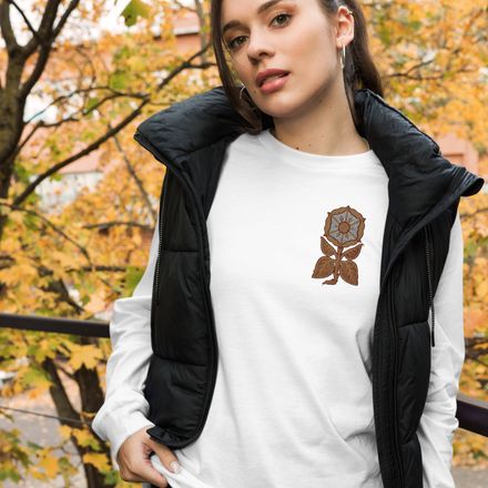 Embroidered Unisex Long Sleeve Tee, Monstrance Tree with Golden Pattern, 7rmavy, left chest