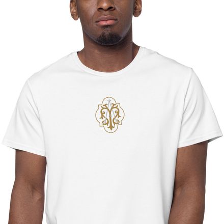 Embroidered Men&#x27;s Premium Cotton T-Shirt, Auspice Maria, Crest with outer edge, kdegvj