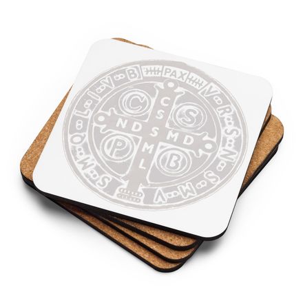 Cork-Back Coaster, St. Benedict Medal, 4ouume design, white