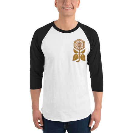 Unisex 3/4 Sleeve Raglan Shirt, Monstrance Tree with Golden Pattern, 7rmavy, left chest