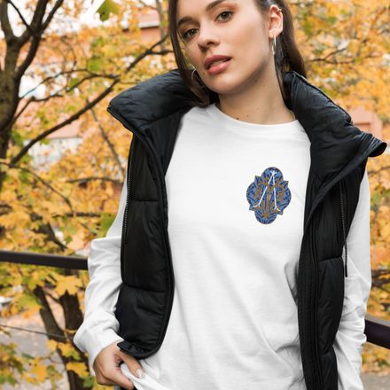 Embroidered Unisex Long Sleeve Tee, Auspice Maria, Crest with rounded Cross, u3bkt0, left chest