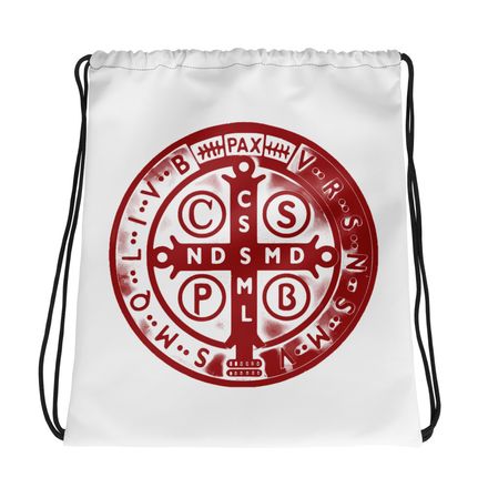 Drawstring Bag, St. Benedict Medal, oih8m5 design, red