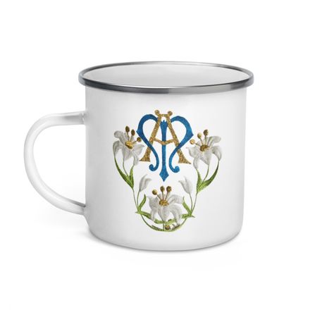 Enamel Mug, Auspice Maria, Crest with flowers, qfko6t