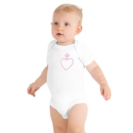 Baby Short Sleeve One Piece, Sacred Heart of Jesus, 7ugqf9 hollow design, pink, left chest