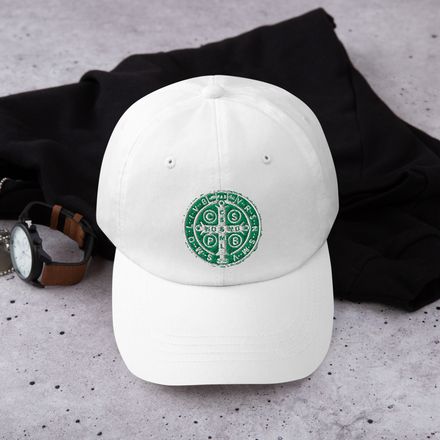 Classic Dad Hat, St. Benedict Medal, qiretu design, green