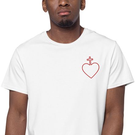 Embroidered Men&#x27;s Premium Cotton T-Shirt, Sacred Heart of Jesus, 7ugqf9 hollow design, left chest