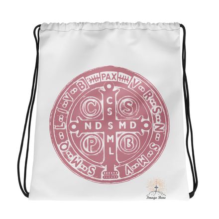 Drawstring Bag, St. Benedict Medal, 4ouume design, pink