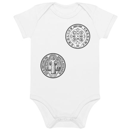 Organic Cotton Baby Bodysuit, St. Benedict Medal, filt5a design, alternate