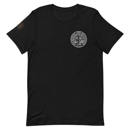 Unisex Staple T-Shirt, St. Benedict Medal, filt5a design, left chest, large back, inverse