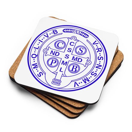 Cork-Back Coaster, St. Benedict Medal, 16k4ku design, blue