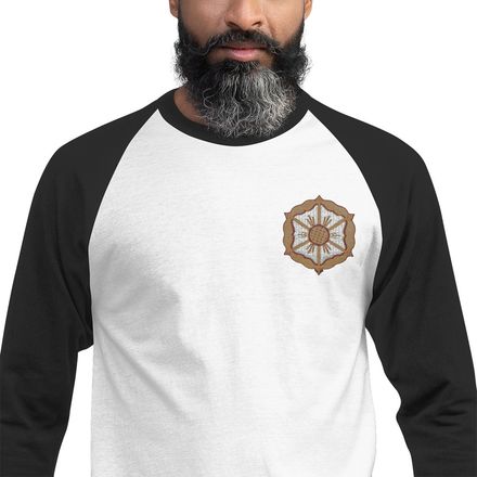 Embroidered Unisex 3/4 Sleeve Raglan Shirt, Monstrance with Golden Pattern, eneyoj, left chest